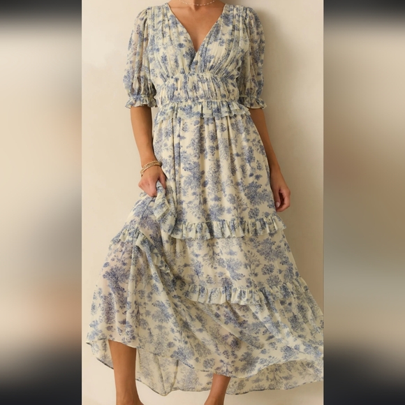 by the riber Dresses & Skirts - By The River Floral Ruffled V-Neck Midi Dress in Cream and Lavender